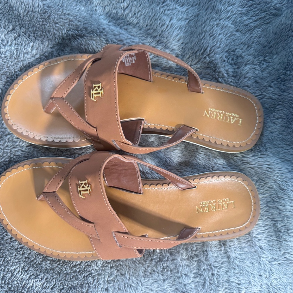 Lauren Ralph Lauren Sandals Brown Leather Thong Gold Logo Size 9 -  Classic Summ - Picture 9 of 11